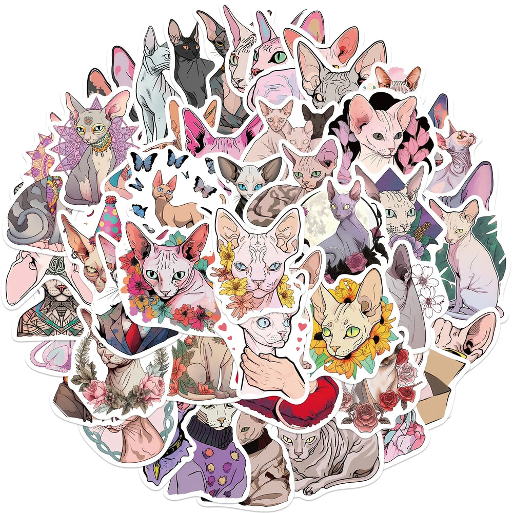 50PCS Sphinx Pink Hairless Cat Kitty Cute Vinyl Waterproof Stickers Cartoon Diary Suitcase Scrapbook Laptop Bike Sticker Decals (ONLINE ORDER ONLY)