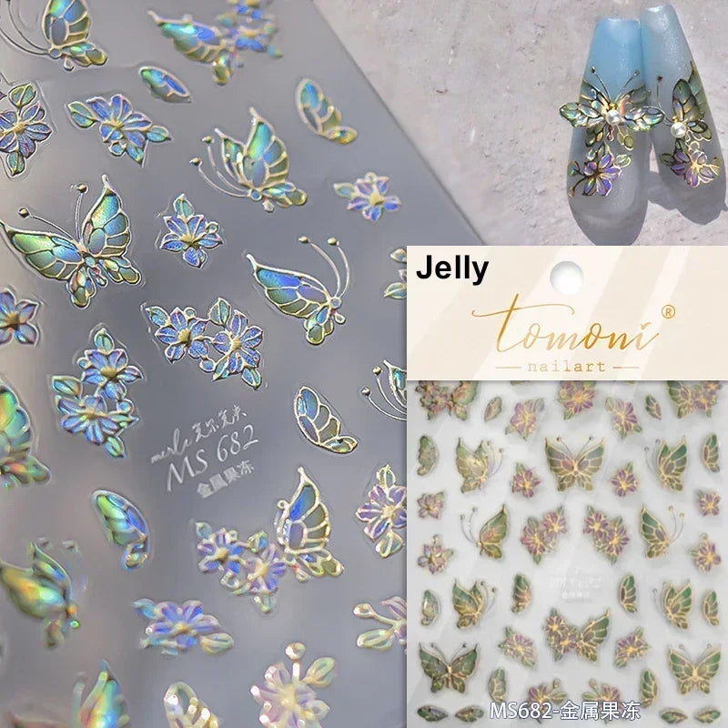 Butterfly Rose Laser Jelly Hot Stamping Lace Letter Flower Love Heart Bowknot 5D Self Adhesive Nail Art Stickers Manicure Decals (ONLINE ORDER ONLY)