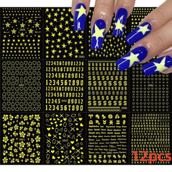 12pcs 3D Golden Glitter Heart Love Nail Stickers Valentine Self Adhesive Cute Cartoon Decal Geometry Slider Manicure Decoration* (ONLINE ORDER ONLY)