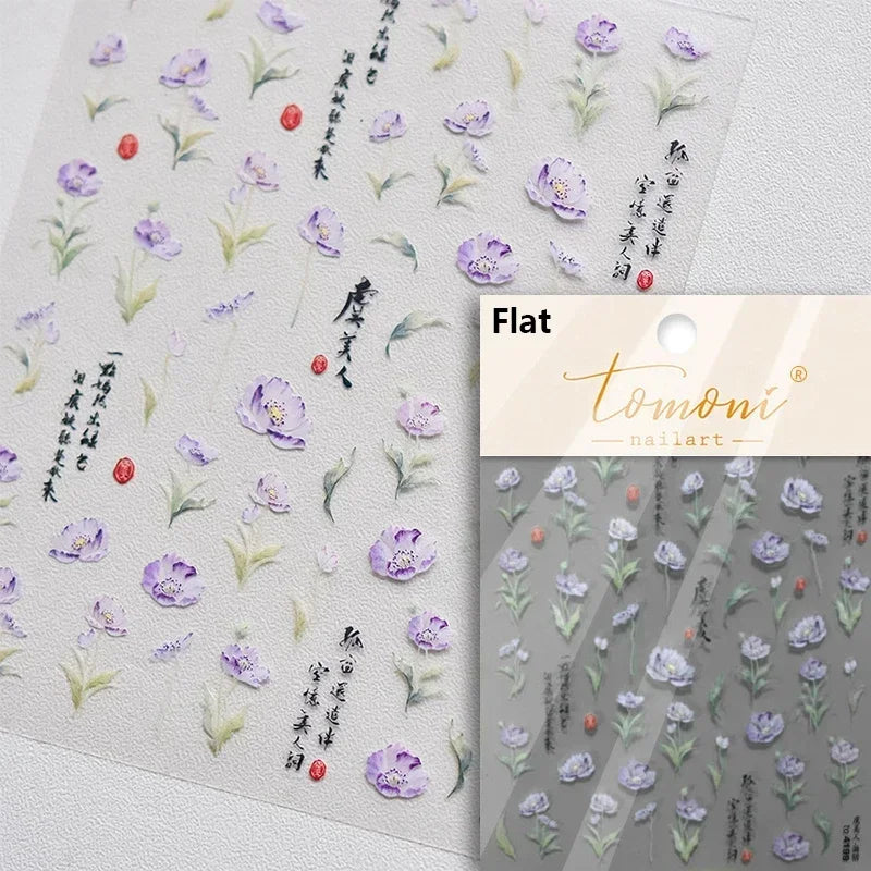 Gradient Coloredful Flower Petal Green Leaf Dreamy Shiny Chinese Rose Fantasy Relief Adhesive Nail Art Stickers Manicure Decals (Online Order Only)