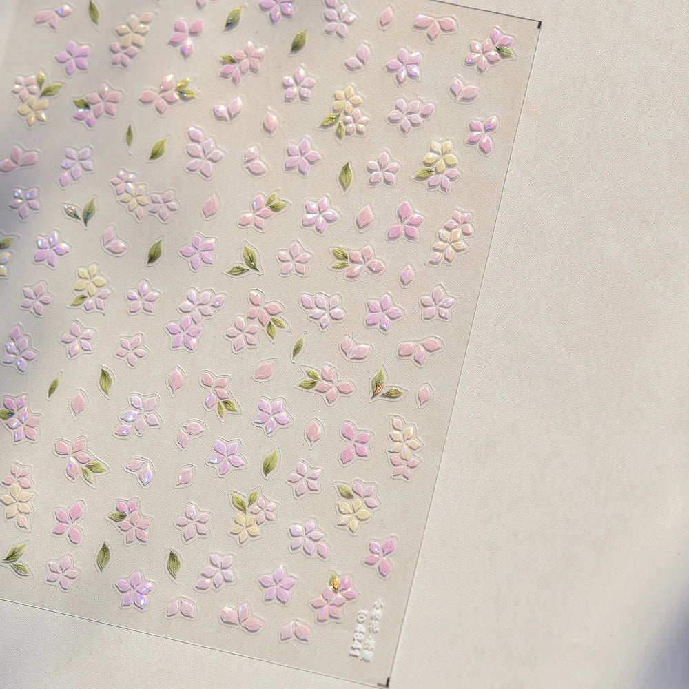 Pink Cherry Blossoms Peach Flower Petal Green Leaf Greenery 5D Embossed Relief Self Adhesive Nail Art Sticker 3D Manicure Decals (ONLINE ORDER ONLY)