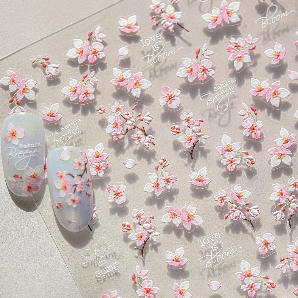 Flowers Blooming Cherry Blossom Sakura Living Peach Branch 5D Soft Relief Spring Adhesive Nail Art Sticker Chic Manicure Decals (ONLINE ORDER ONLY)