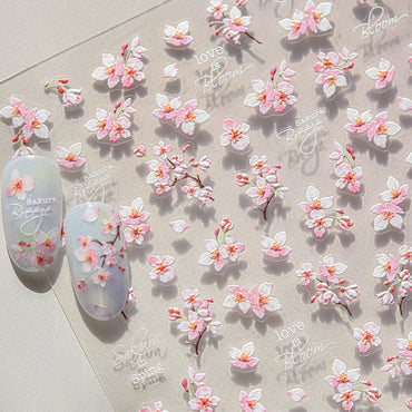 Flowers Blooming Cherry Blossom Sakura Living Peach Branch 5D Soft Relief Spring Adhesive Nail Art Sticker Chic Manicure Decals (ONLINE ORDER ONLY)