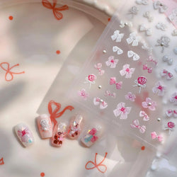 Chic Pink White Rose Flower Lace Bowknot Ribbon Jelly 5D Pearl Romantic Charming Self Adhesive Nail Art Sticker Manicure Decals (ONLINE ORDER ONLY)