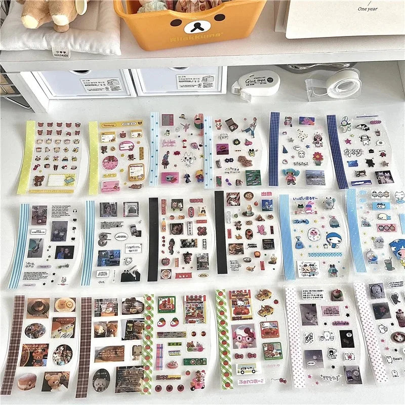 18Pc Set Japanese Y2K Cute Sticker Double Transparent Die cut Sticker Journal Handbook Scrapbooking Decoration Sticker Kids Gift (ONLINE ORDER ONLY)