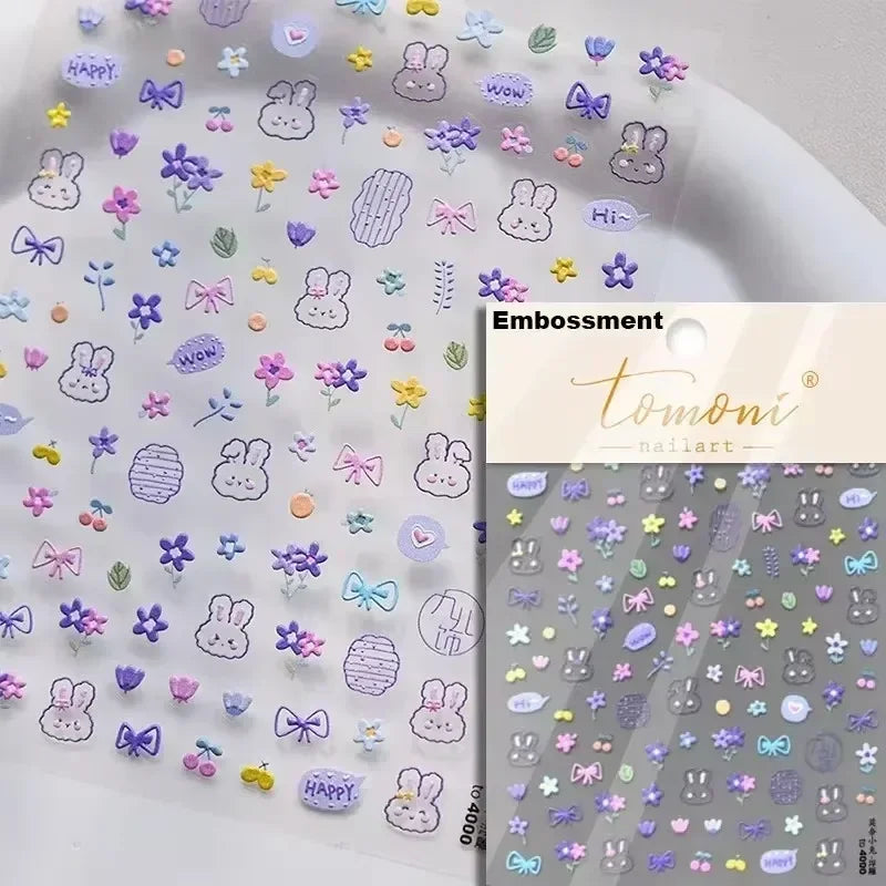 Dog Rabbit Line Bunny Footprint Bowknot Heart Cake Strawberry Flowers Bone Graffiti Adhesive Nail Art Stickers Manicure Decals (ONLINE ORDER ONLY)