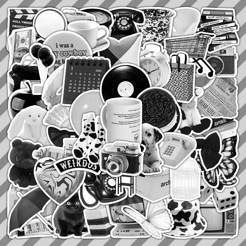 Black White Vintage Stickers Pack for Laptop, Notebook, Guitar, Water Bottle, Cartoon Decals (ONLINE ORDER ONLY)