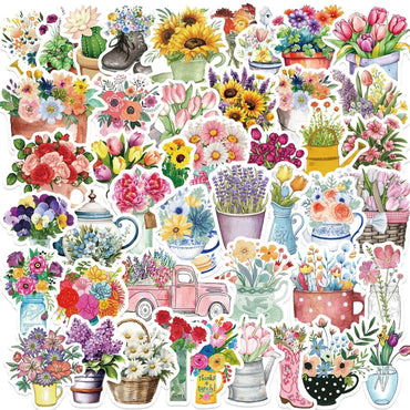10/50PCS Cute Pretty Bottle Flower Stickers Aesthetic Potted Plant Decals DIY Scrapbook Phone Luggage Waterproof PVC Sticker (Online Order Only)