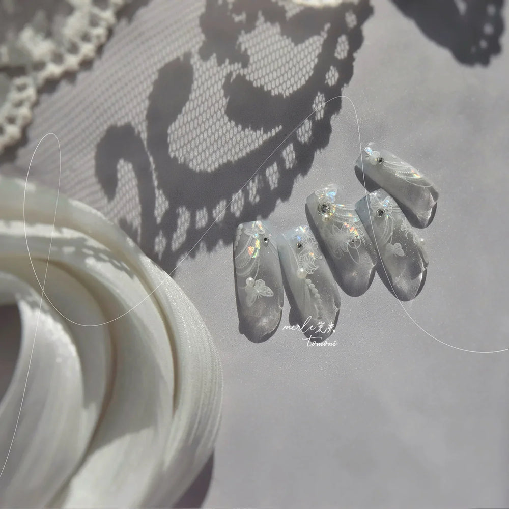 Cute 3D White Rose Flower Lace Bud Silk Bowknot Butterfly Dreamy Shiny Relief Chic Self Adhesive Nail Art Sticker Manicure Decal (ONLINE ORDER ONLY)