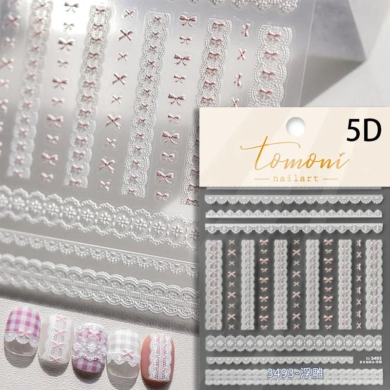 French Style Colorful Square Grid Rhombus Stripe Bowknot Line 3D Self Adhesive Nail Art Stickers Shiny Rhinestone Manicure Decal (Online Order Only)