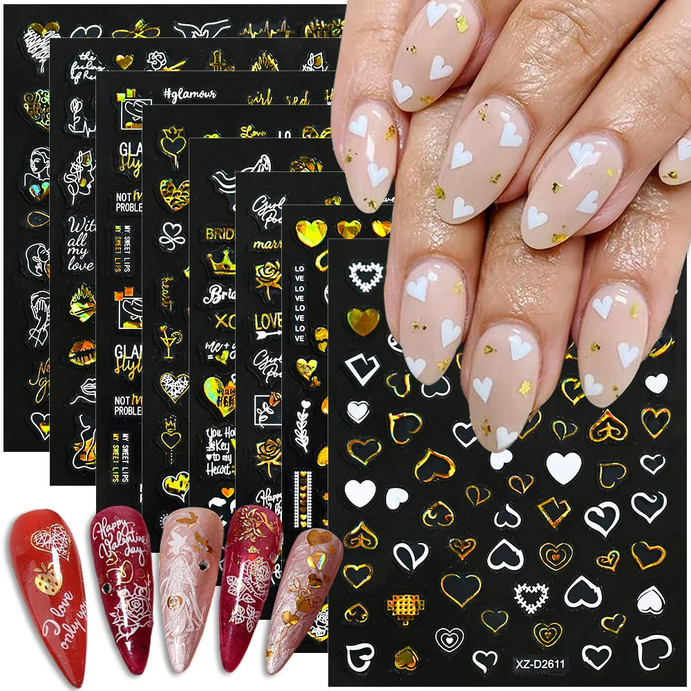 1PC Holographic Laser Heart Nail Stickers-3D Self-Adhesive Golden White Valentines Day Nail Decals For Women Nail Art Decoration (ONLINE ORDER ONLY)