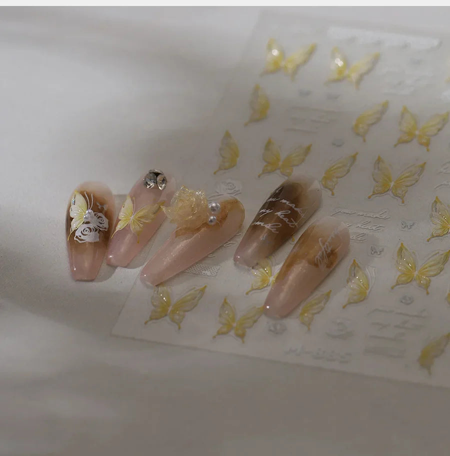 Yellow Butterfly Rose Flower Lace Gradual Wing Charming Romantic Jelly Camellia Self Adhesive Nail Art Stickers Manicure Decals (Online Order Only)