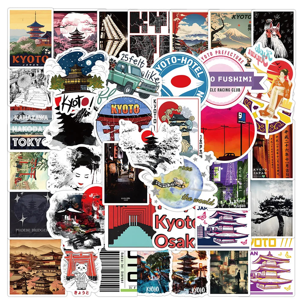 Kyoto Cartoon Stickers Pack - Travel Scenery Decals for Luggage, Laptop, Phone, Guitar, Bike, Skateboard (Online Order Only)
