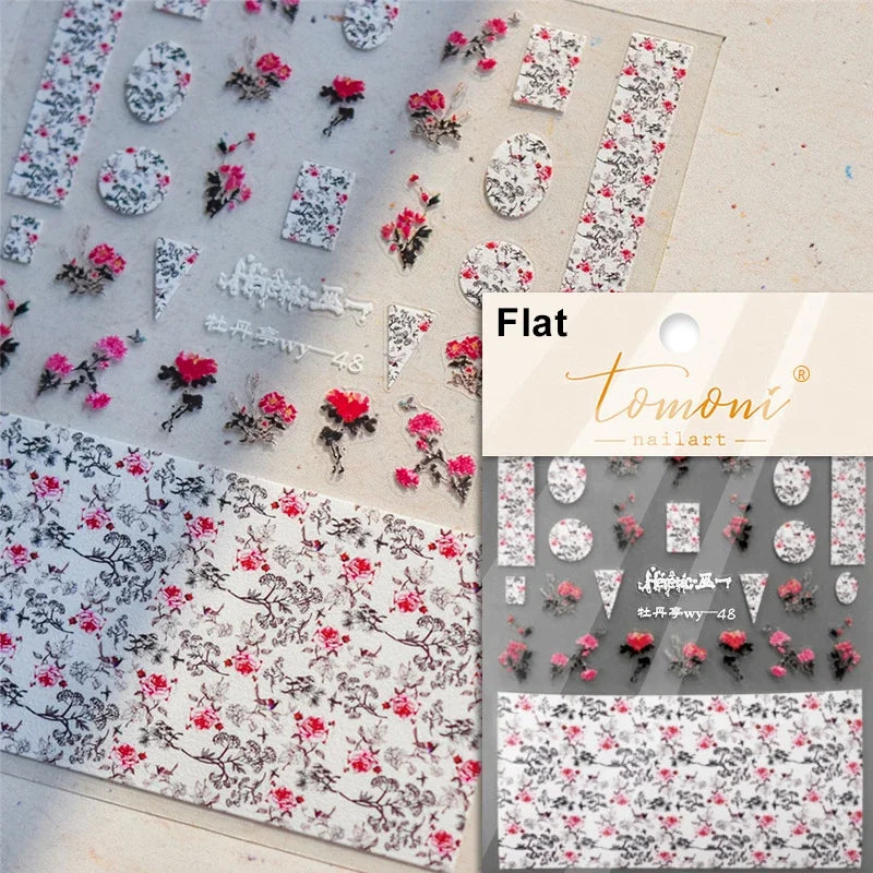 Red Azalea Rose Peony Crane Warbler Bird Fish Lily Chicken Rabbit Lobster Flower Retro Chinese Nail Art Sticker Decoration Decal (Online Order Only)
