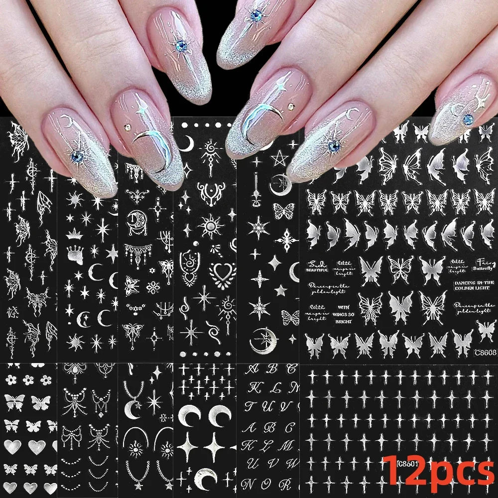 12PCS White Flowers Leaves 3D Nail Stickers Star/Moon/Sun Nail Art Decoration Decals Geometric Flower Stickers Nail Art Supplies (ONLINE ORDER ONLY)