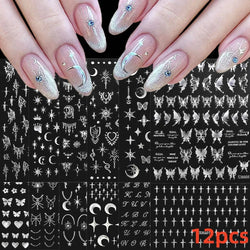 12PCS White Flowers Leaves 3D Nail Stickers Star/Moon/Sun Nail Art Decoration Decals Geometric Flower Stickers Nail Art Supplies (ONLINE ORDER ONLY)