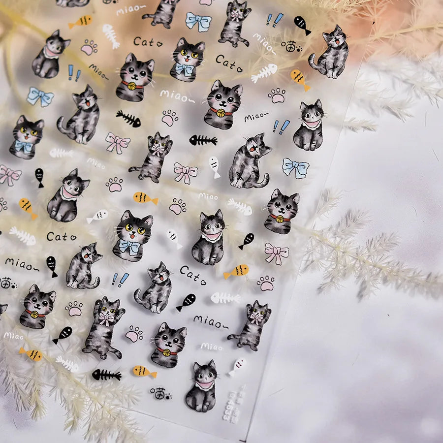 Cute Cat Eye Fishbone Animals Leopard Cat Ginger Cat Kitten Exclamation Point Paw Self Adhesive Nail Art Sticker Manicure Decals (ONLINE ORDER ONLY)