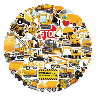 10/55Pcs Cartoon Large Mechanical Vehicle Excavator Construction Truck Waterproof Creative Tractor Bulldozer Graffiti Toy Decals (ONLINE ORDER ONLY)