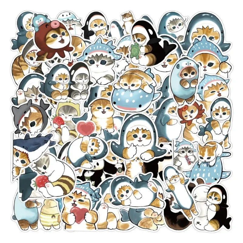 50pcs Shark Cat Cartoon Stickers for Laptop, Phone, Car, Scooter, Water Bottle, Suitcase, Refrigerator (ONLINE ORDER ONLY)