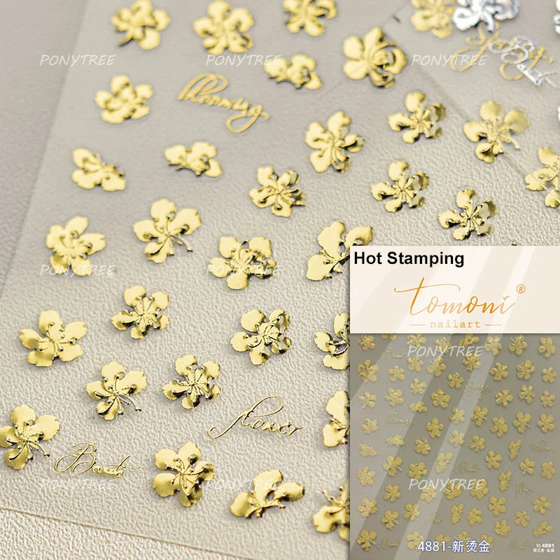 Gold Hot Stamping Flowers Leaves 3D 5D Pearl Bead Delicate Self Adhesive Nail Art Decorations Stickers Manicure Decals Wholesale (Online Order Only)
