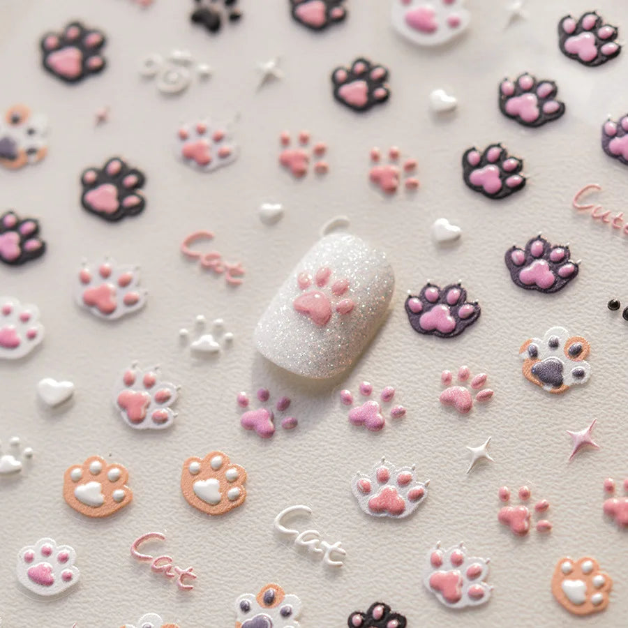 1pcs Cute Cat Claw 3D Jelly Relief Nail Stickers 3D Adhesive Stickers For Nails DIY Japanese Kawaii Slider Nail Art Decorations (Online Order Only)