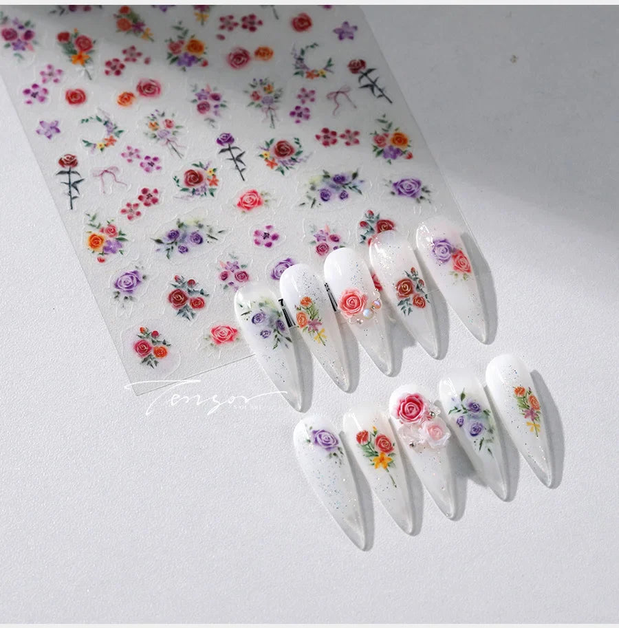 Rose Flower Garden Soft Embossment Adhesive Nail Art Stickers Charming Rhinestone Manicure Decals Nail Supplies for Professional (ONLINE ORDER ONLY)