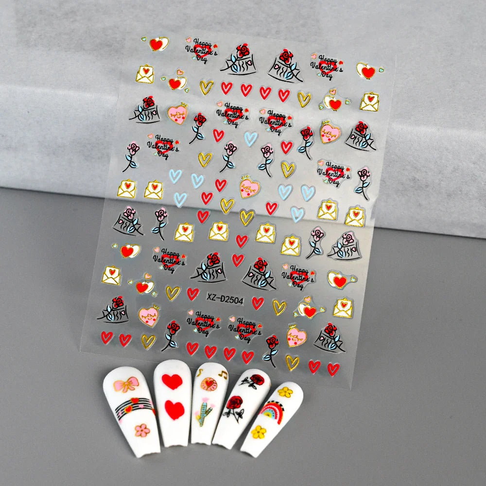 1PC Holographic Laser Heart Nail Stickers-3D Self-Adhesive Golden White Valentines Day Nail Decals For Women Nail Art Decoration (ONLINE ORDER ONLY)