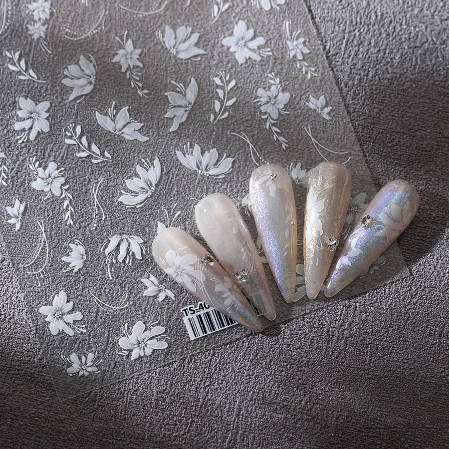 Pure White Lily Petals Flower Butterfly Branch Leaves Line Minimalist Self Adhesive Nail Art Decorations Sticker Manicure Decals (ONLINE ORDER ONLY)
