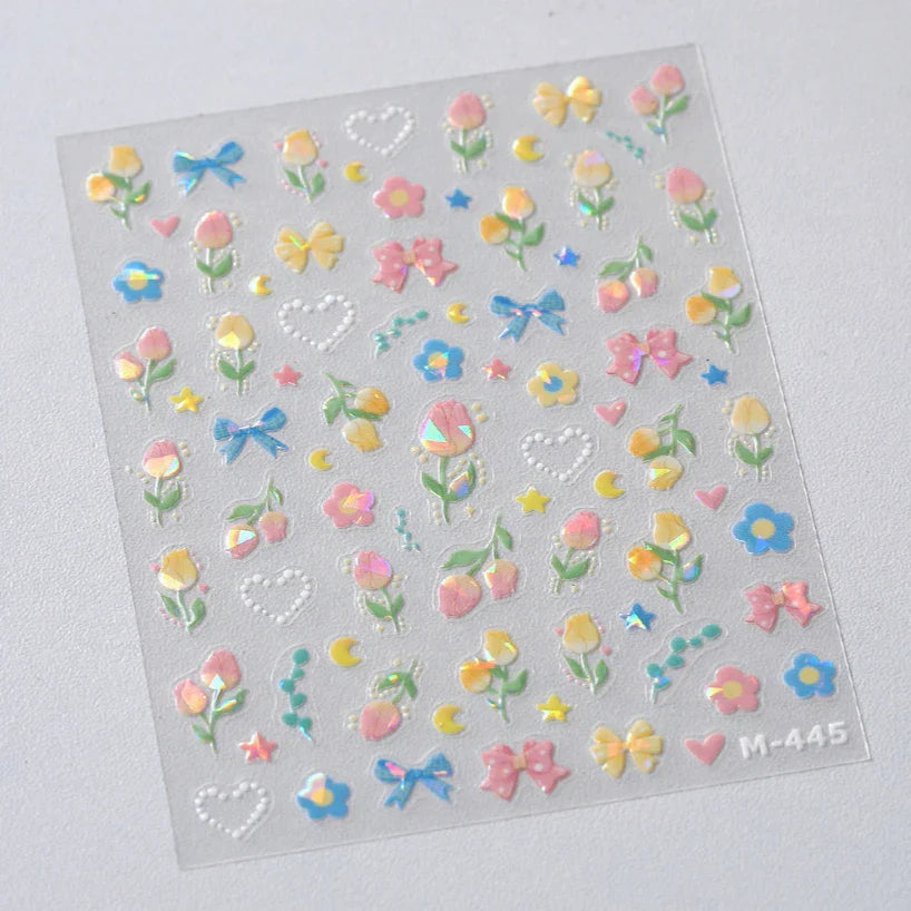 Lovely Bowknot Flower Shiny Star Love Heart Vibrant and Lively Tulip Moon Self Adhesive Nail Art Stickers Relief Manicure Decals (ONLINE ORDER ONLY)