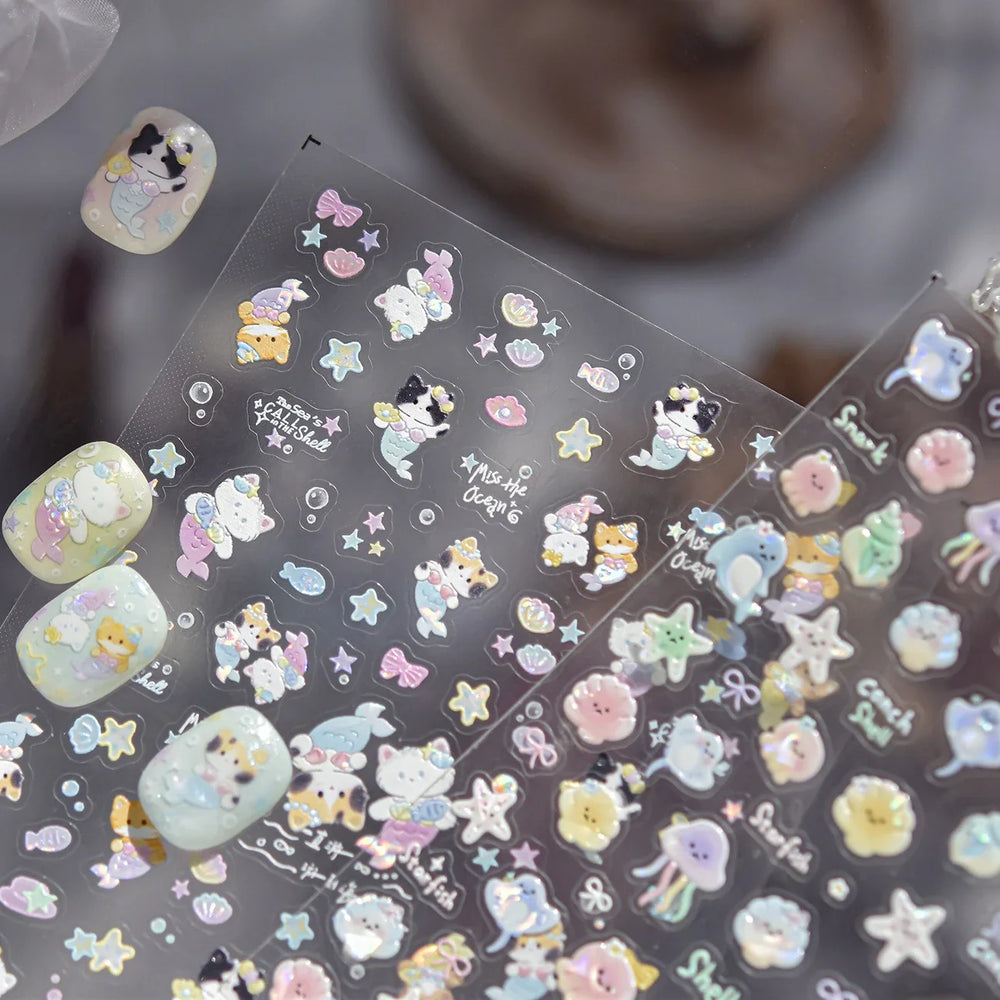 Colourful Ray Jellyfish Otter Cat Mermaid Octopus Starfish Bubbles Conch Shell Bowknot Summer Marine Nail Art Stickers Decals (ONLINE ORDER ONLY)