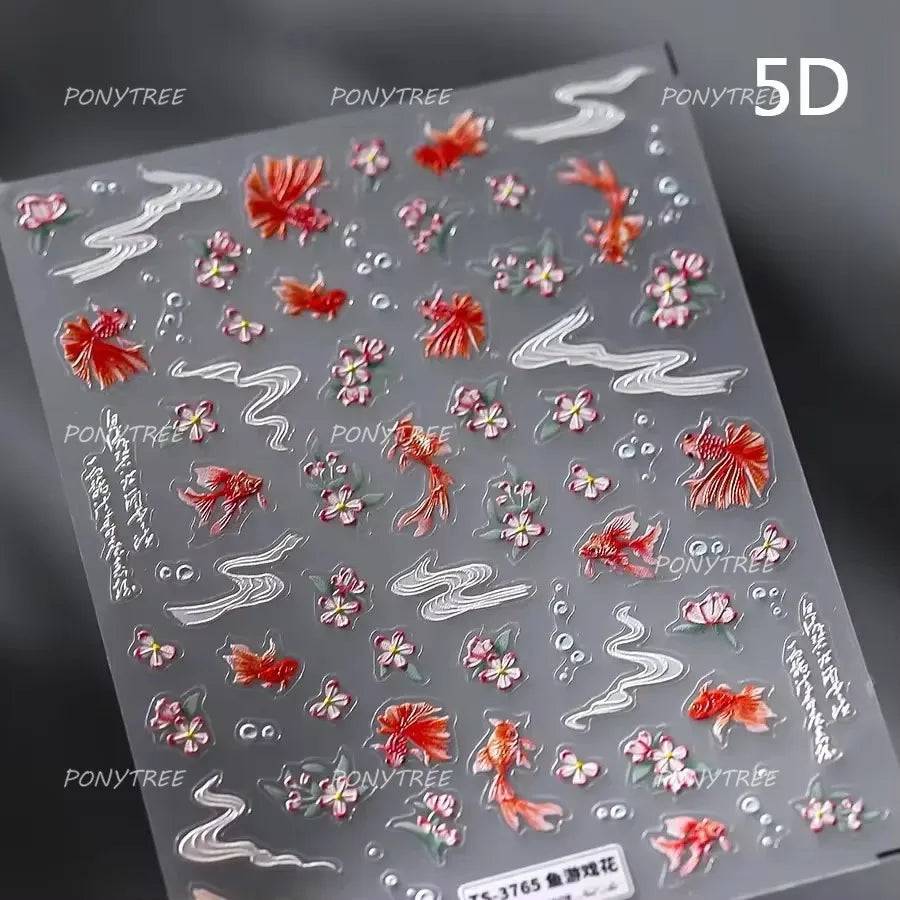 Pink Lotus Flower Red Gold Koi Carp Fish Tail Fancy Carp Self Adhesive Nail Art Decorations Stickers Manicure Decals Wholesale (ONLINE ORDER ONLY)