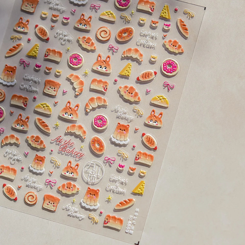 Cute Food Dog Baking Cookies Bread Rabbit Cheese Pudding Croissant Doughnut Adhesive Nail Art Decoration Sticker Manicure Decals (ONLINE ORDER ONLY)