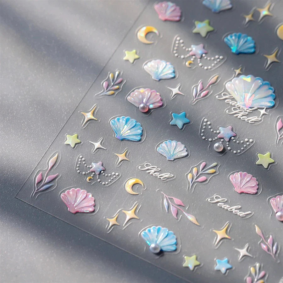 Romantic Pink Blue Shell Sea Grass Star Moon Summer Self Adhesive Nail Art Stickers Leaves Reliefs Manicure Decals Wholesale (ONLINE ORDER ONLY)