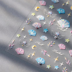 Romantic Pink Blue Shell Sea Grass Star Moon Summer Self Adhesive Nail Art Stickers Leaves Reliefs Manicure Decals Wholesale (ONLINE ORDER ONLY)