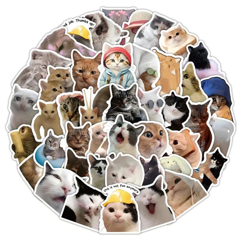 Cute Cat Meme Waterproof Stickers - 10/30/50pcs Decorative Decals for Laptop & Motorcycle (ONLINE ORDER ONLY)