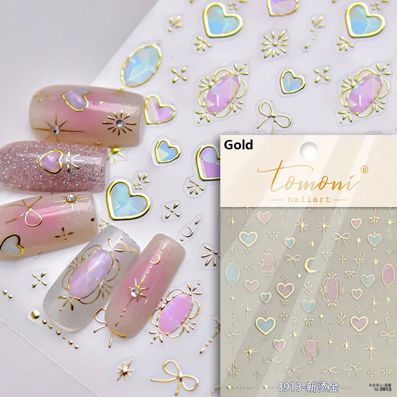 Flat Small Pink Brown Halo Dyeing Love Heart Geometric Leopard Shiny Jelly Chic Embossed Relief Nail Art Stickers Manicure Decal (Online Order Only)