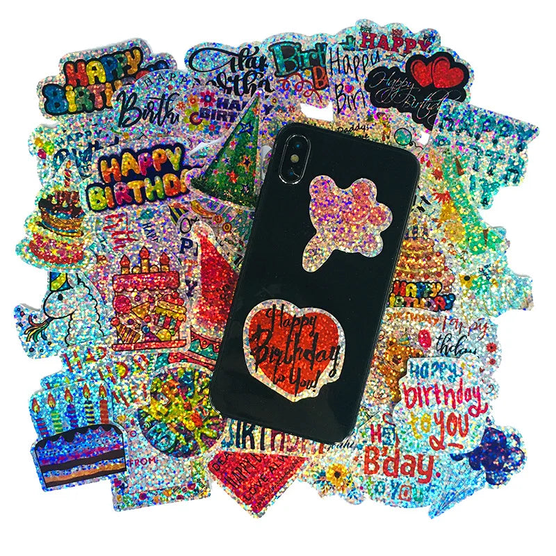 44pcs/Pack Laser Happy Birthday Stickers Waterproof Skateboard Motorcycle Guitar Luggage Laptop Bicycle Sticker Kids Toys (ONLINE ORDER ONLY)
