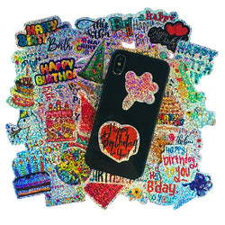 44pcs/Pack Laser Happy Birthday Stickers Waterproof Skateboard Motorcycle Guitar Luggage Laptop Bicycle Sticker Kids Toys (ONLINE ORDER ONLY)