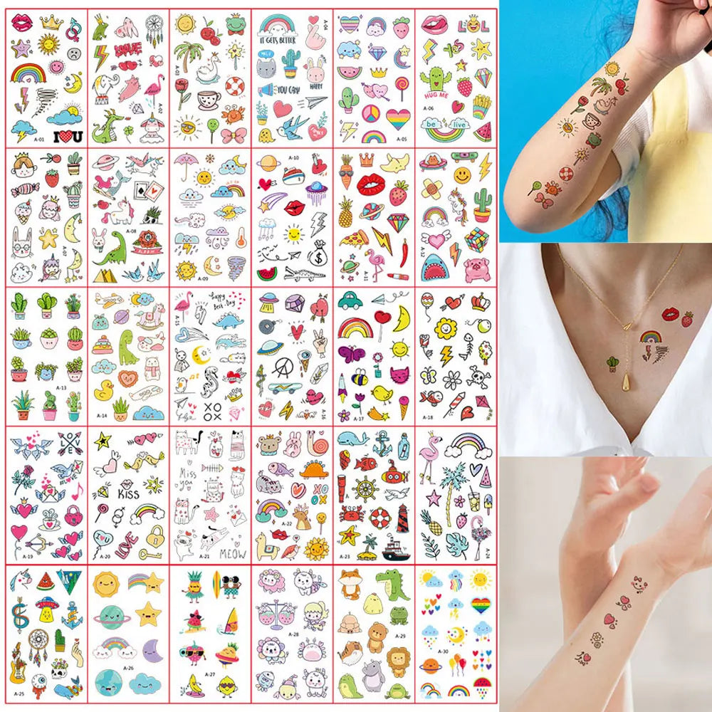 30 Sheets Cute Cartoon Temporary Tattoos for Hands Waterproof Tattoo Stickers for Children Rainbow Fruit Moon Fake Finger Tattoo (ONLINE ORDER ONLY)