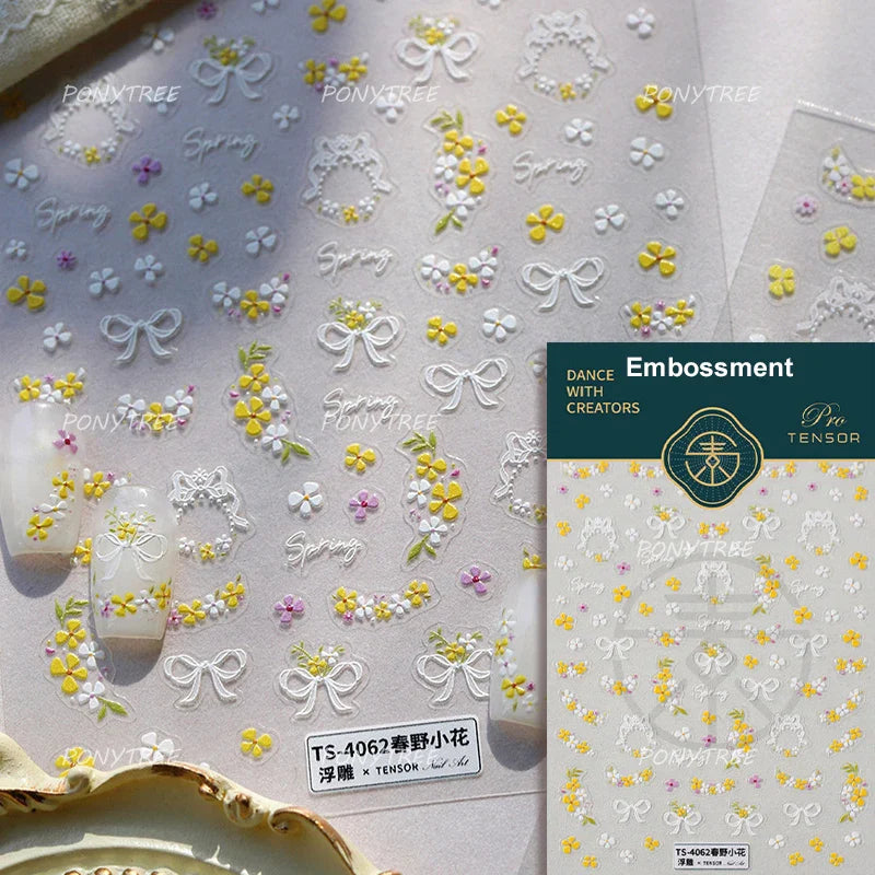Yellow Purple Mini Flower White Lace Bowknot Flower Bouquet Spring 5D  Adhesive Nail Art Decoration Stickers DIY Manicure Decals (ONLINE ORDER ONLY)