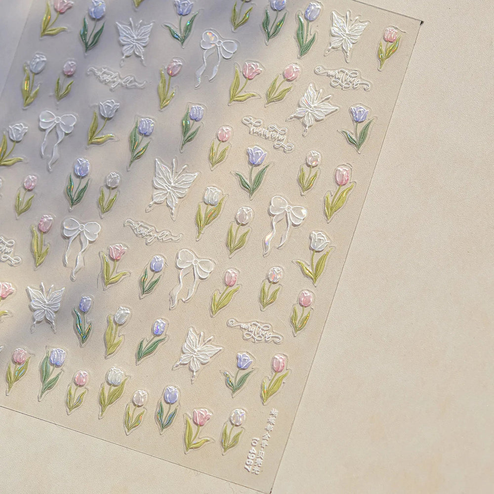 Dreamy White Lace Bowknot Purple Pink Gradual Tulip Flower Butterfly Garden Relief Adhesive Nail Art Stickers Manicure Decals (Online Order Only)