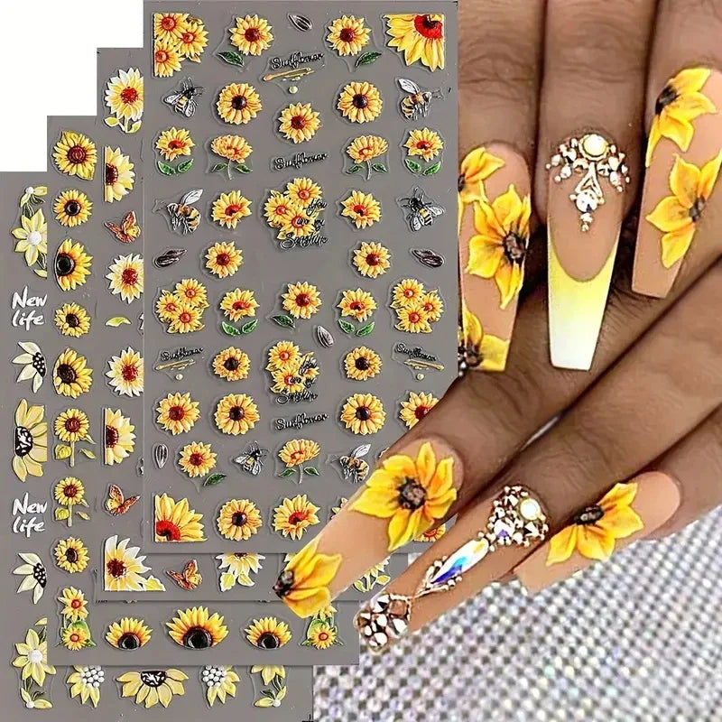 1pc Chic Sunflower 5D Nail Art Stickers Self-Adhesive Waterproof & Sustainable Decals for DIY Manicure Perfect for All Seasons * (ONLINE ORDER ONLY)