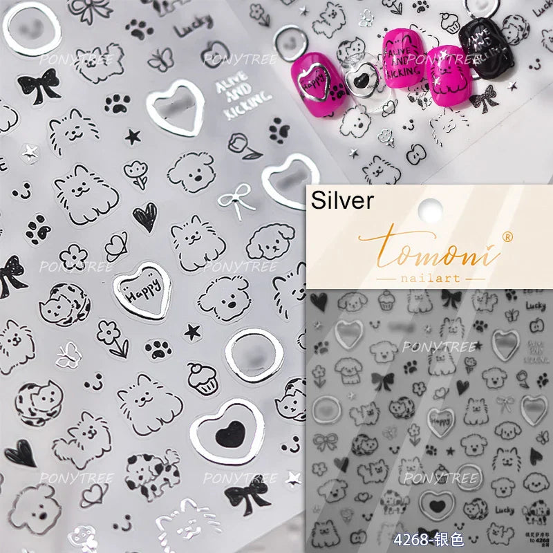 Spring Dog Bear Toy Rose Flower Floral Print Letter Bone Butterfly Cat Puppy Relief Adhesive Nail Art Stickers Manicure Decals (Online Order Only)