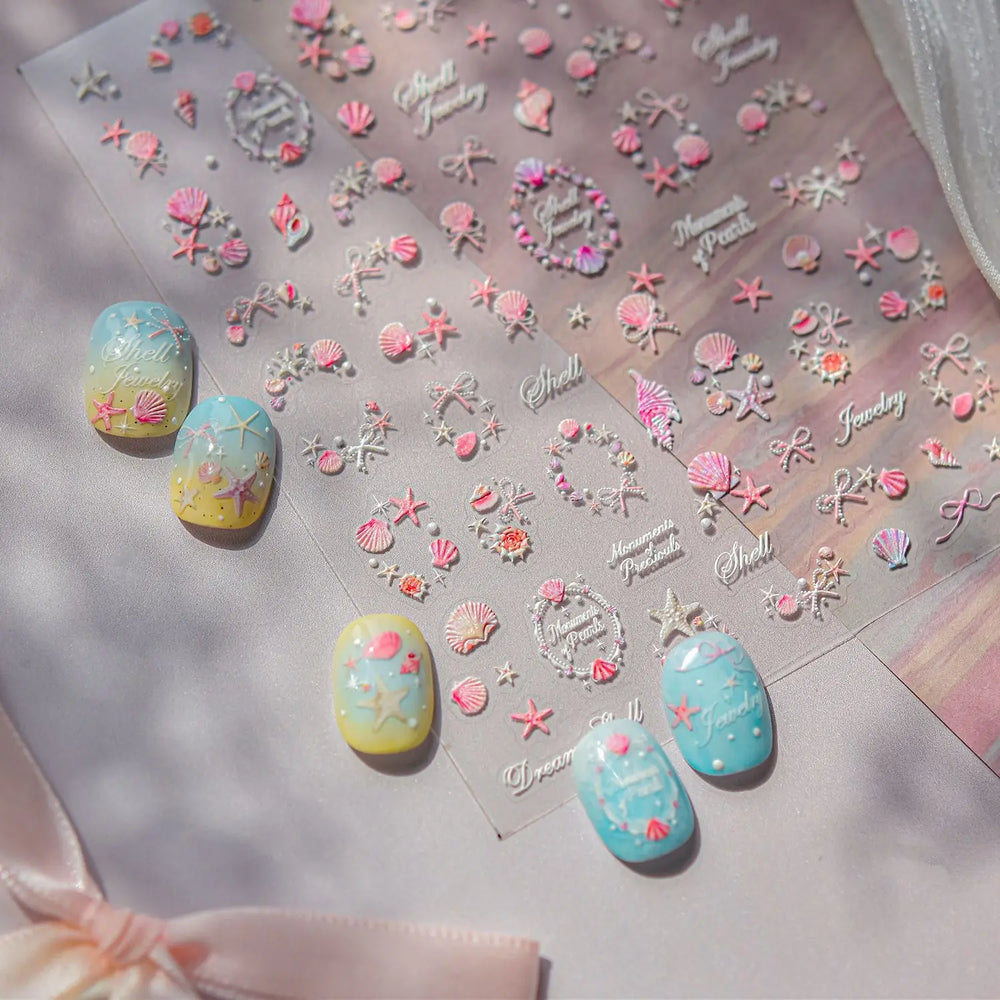 Pink Star Oceanic Shell Starfish Conch Bowknot Embossment Shiny Delicate 5D Chic Self Adhesive Nail Art Stickers Manicure Decals (Online Order Only)