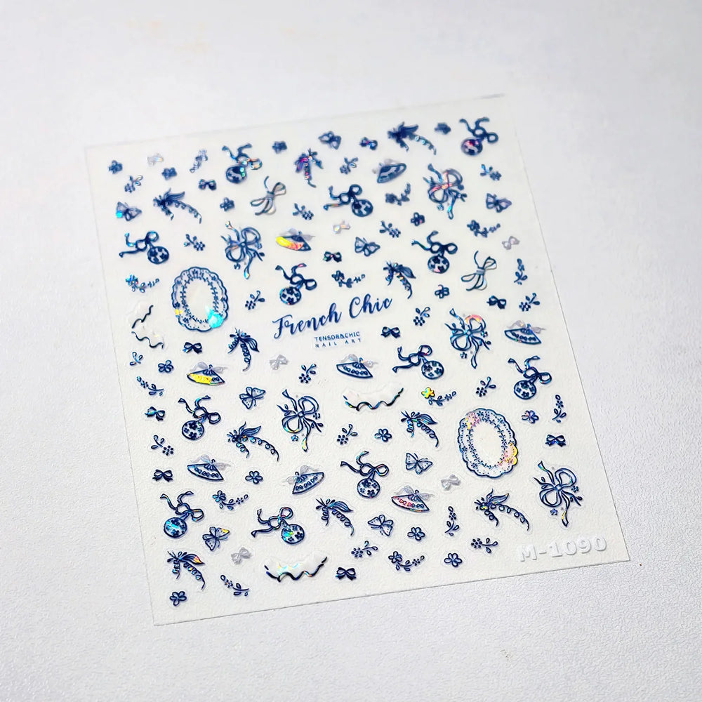 French Chic Blue Line Bowknot Fan Flower Leaves Butterfly Lace Frame Bell Shiny Self Adhesive Nail Art Stickers Manicure Decals (ONLINE ORDER ONLY)
