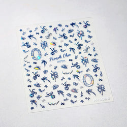 French Chic Blue Line Bowknot Fan Flower Leaves Butterfly Lace Frame Bell Shiny Self Adhesive Nail Art Stickers Manicure Decals (ONLINE ORDER ONLY)