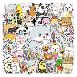 50Pcs Cute Cartoon Pet Milk Tea Waterproof Vinyl Stickers for Skateboard Snowboard Decals (ONLINE ORDER ONLY)