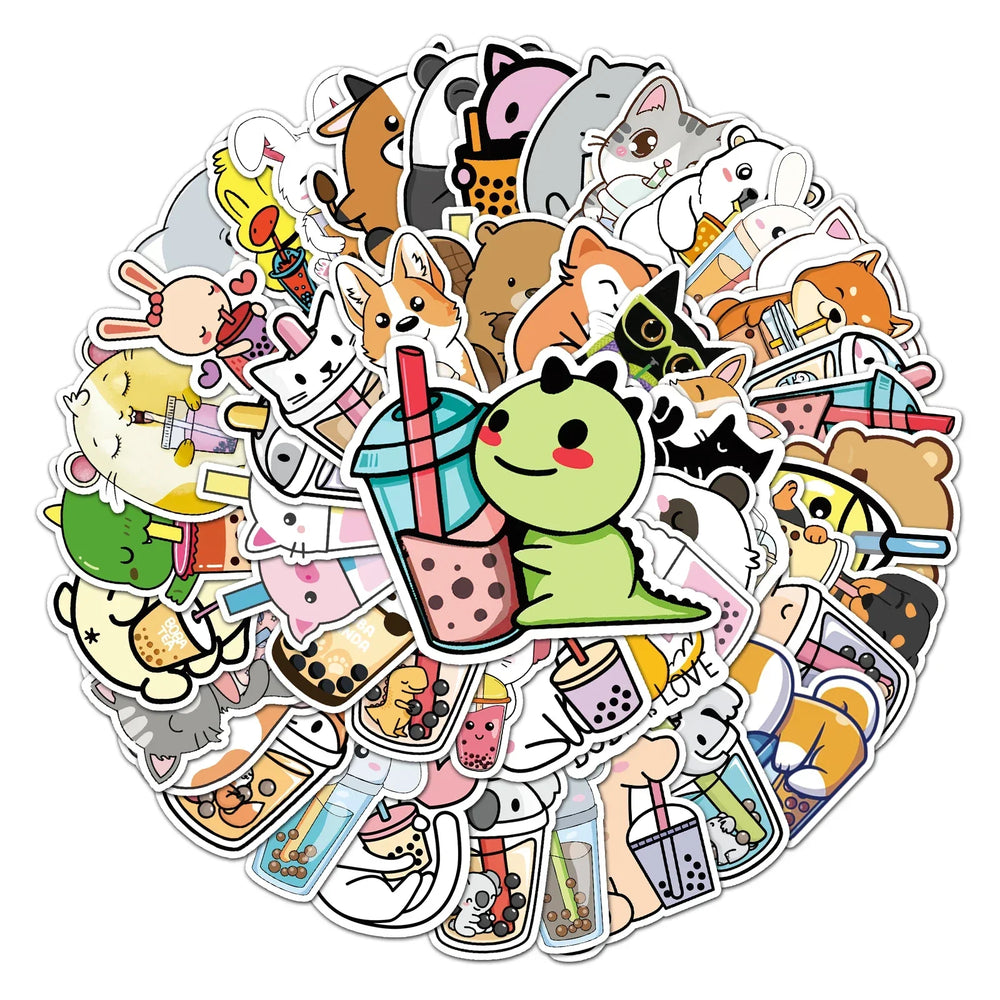 50Pcs Cute Cartoon Pet Milk Tea Waterproof Vinyl Stickers for Skateboard Snowboard Decals (ONLINE ORDER ONLY)