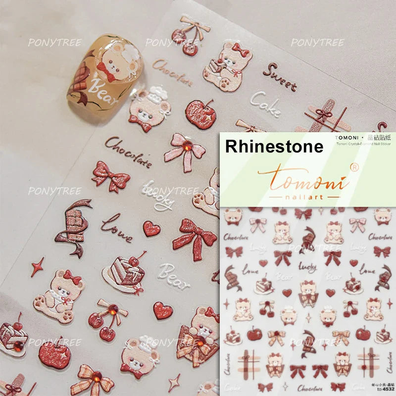 Lovely Bear Strawberry Cake Rose Flower Grid Block Bowknot Embossed Relief Self Adhesive Nail Art Sticker Cute 3D Manicure Decal (ONLINE ORDER ONLY)