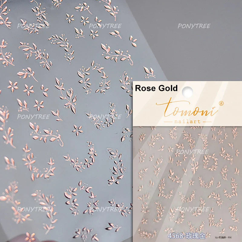 Gold Hot Stamping Flowers Leaves 3D 5D Pearl Bead Delicate Self Adhesive Nail Art Decorations Stickers Manicure Decals Wholesale (Online Order Only)